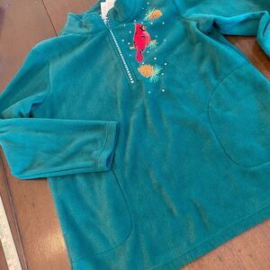 Quacker Factory Sweatshirt‎ Women's Large Teal Cardinal Bird Fleece Embellished